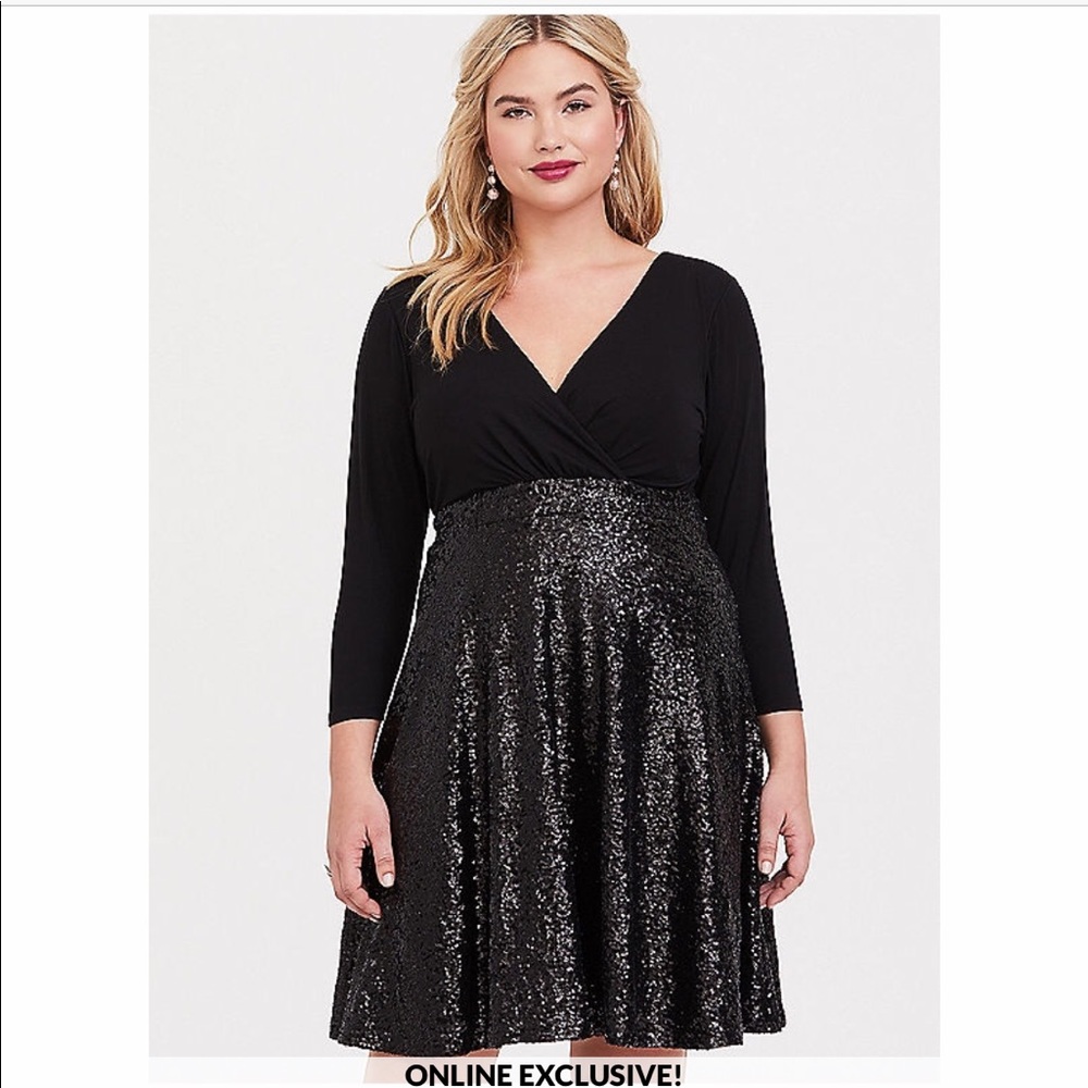 Black Long Sleeve Sequin Skater Dress